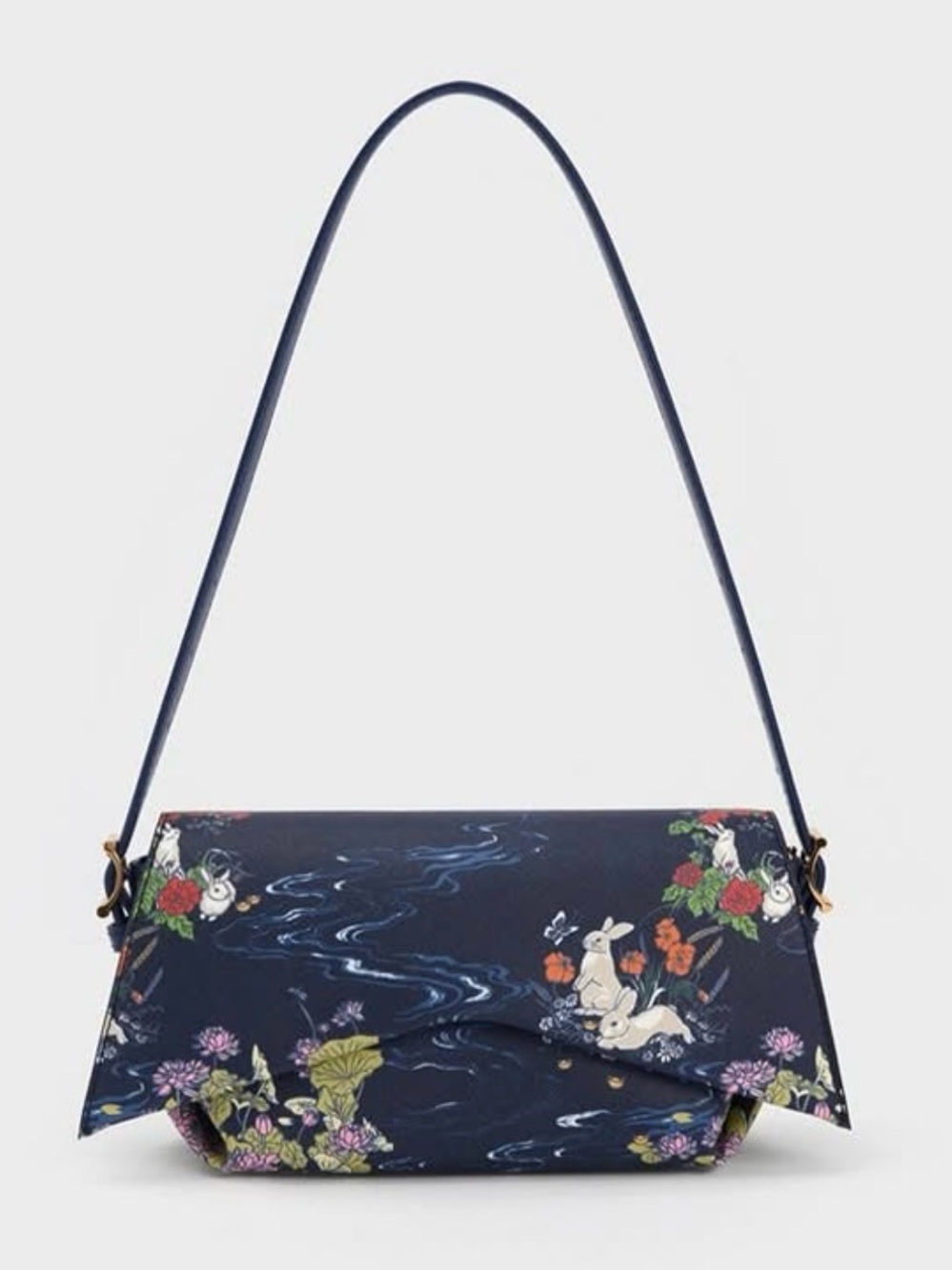 Charles & Keith Lunar Rabbit Chinese Asian Print Bag Purse Navy w/3 Straps Box